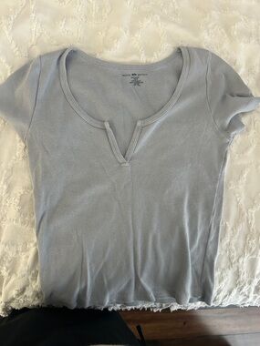 Brandy Melville Light Blue Ribbed Short Sleeve Notch Tee